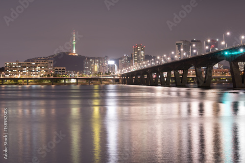 Seoul City at Night and Han River, Yeouido, South Korea