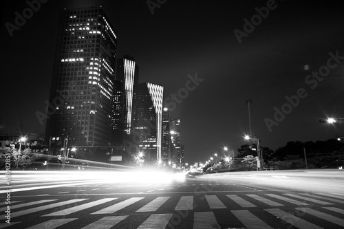 black and white light trace from night traffic in the city