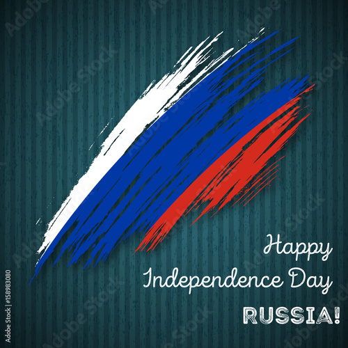 Russia Independence Day Patriotic Design. Expressive Brush Stroke in National Flag Colors on dark striped background. Happy Independence Day Russia Vector Greeting Card.