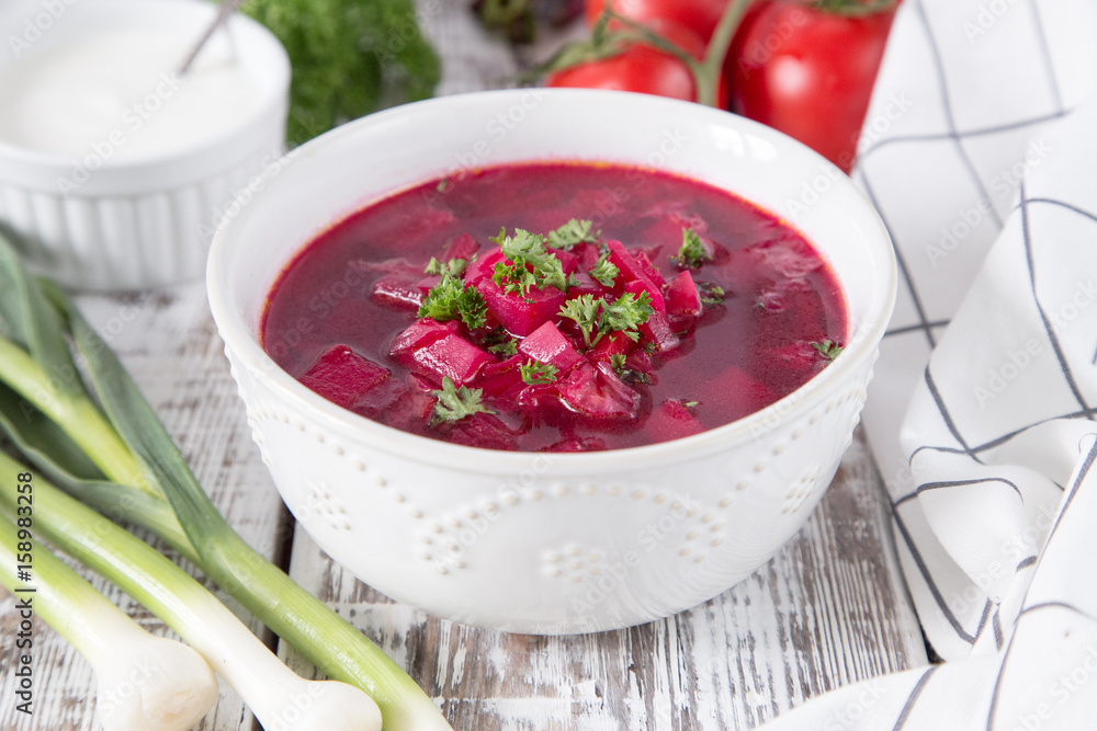 Borsch - beetroot soup. Ukrainian and Russian traditional vegetable vegetarian red soup Borsch - beetroot soup. Ukrainian and Russian traditional vegetable vegetarian red soup