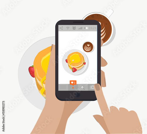 Hand holding smartphone, touching screen and taking food photography for social network. Vector. Making breakfast photo. Pancakes, coffee cup and strawberry.
