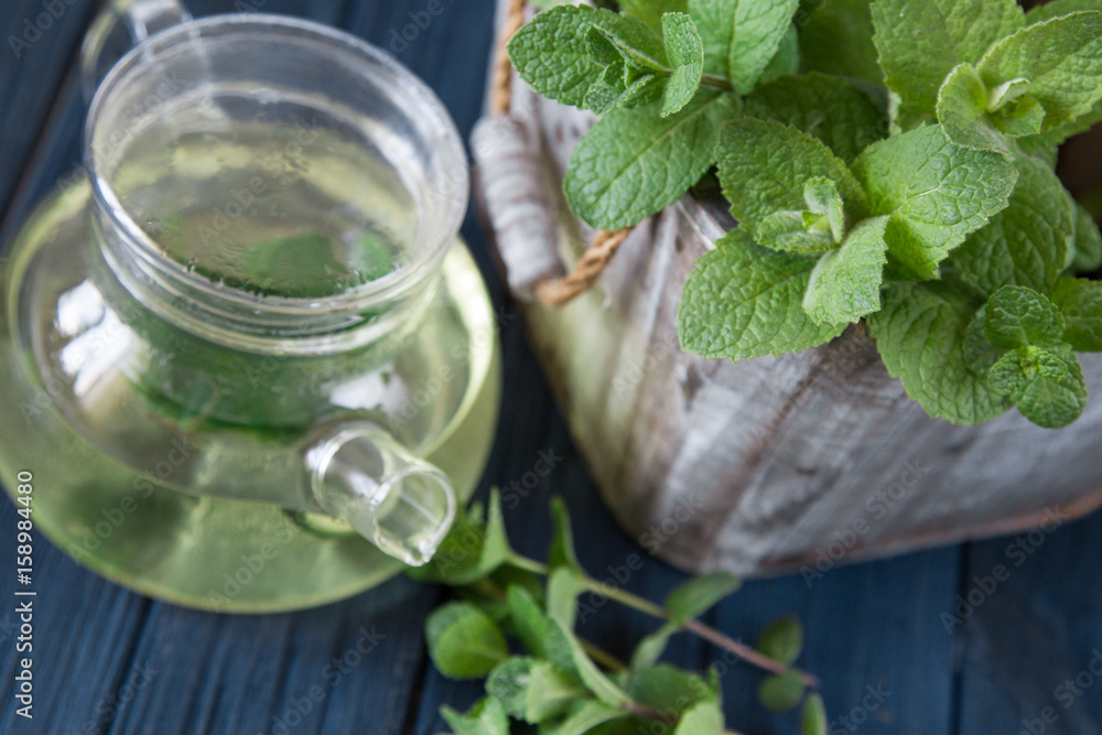 Mint tea with fresh mint leaves. selective focus, copy space Mint tea with fresh mint leaves. selective focus, copy space