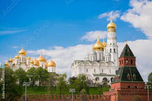 Moscow, Russia. Archangel Cathedral, Ivan the Great Bell tower, a tower and a fragment of the Kremlin wall.