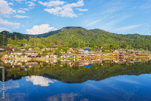 Beautiful lake and sky view of the Rak Thai village and mountain reflection in Pai district  Mae Hong Son Province  Thailand. 