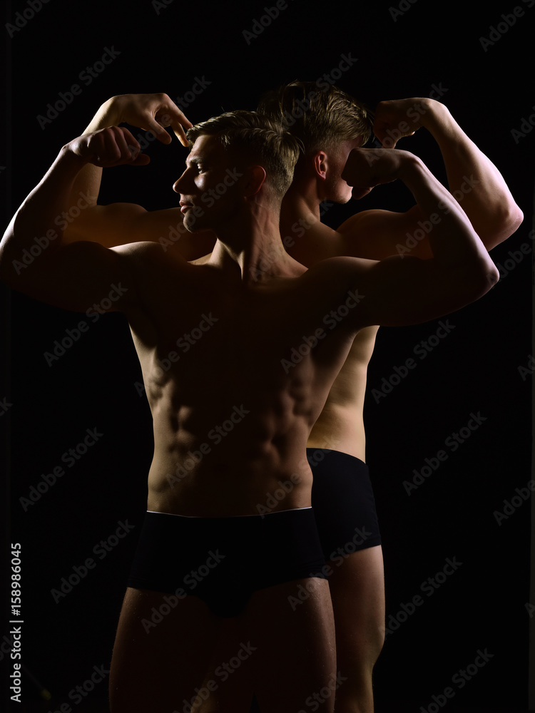 young people of men twins, fitness health, gym and energy