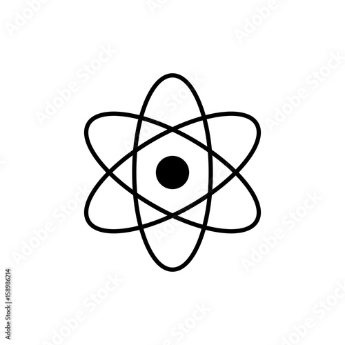 Atom logo. Science sign. Nuclear icon. Electrons and protons. Isolated on white