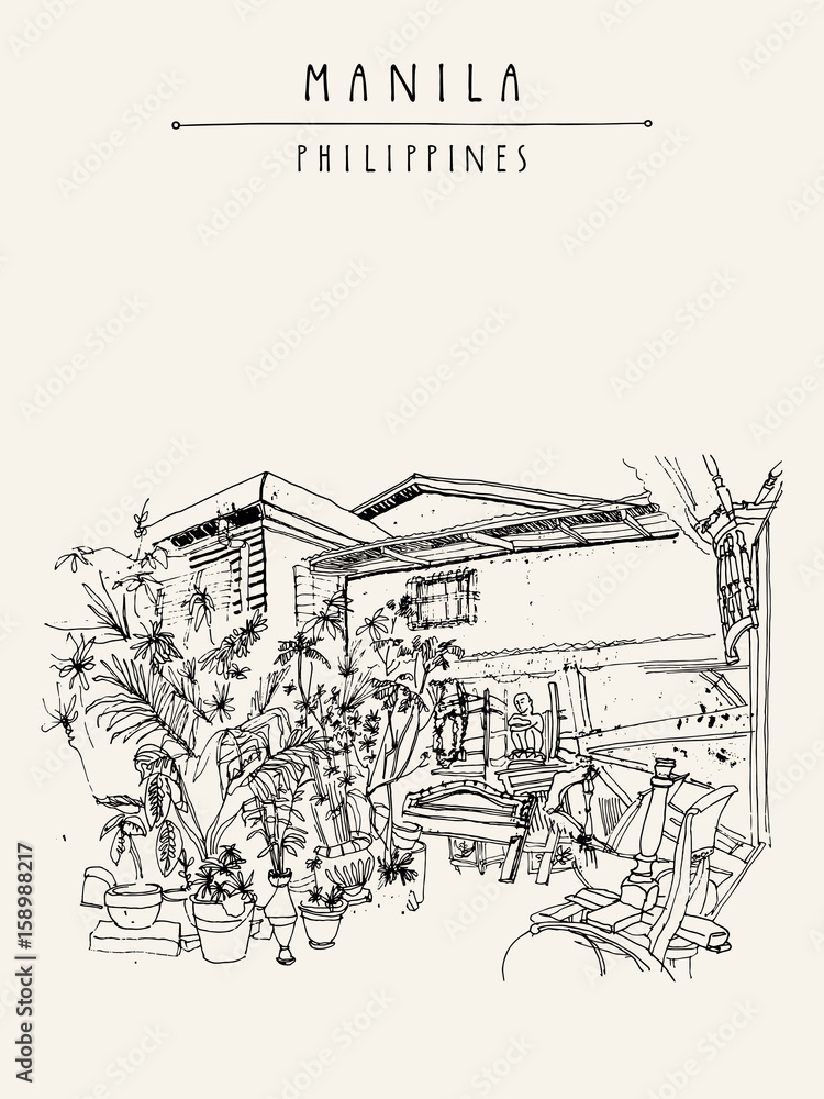 An aged guesthouse with a vintage art shop in the old part of Manila, Philippines, Asia. Hand drawn vintage postcard or poster