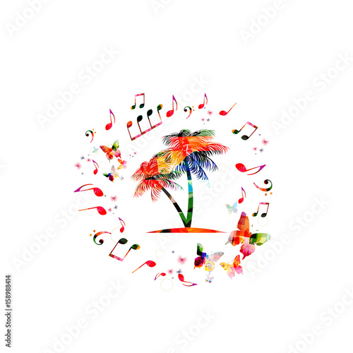 Summer traveling vector illustration. Palm tree with music notes isolated. Travel, vacation, tourism and journey background