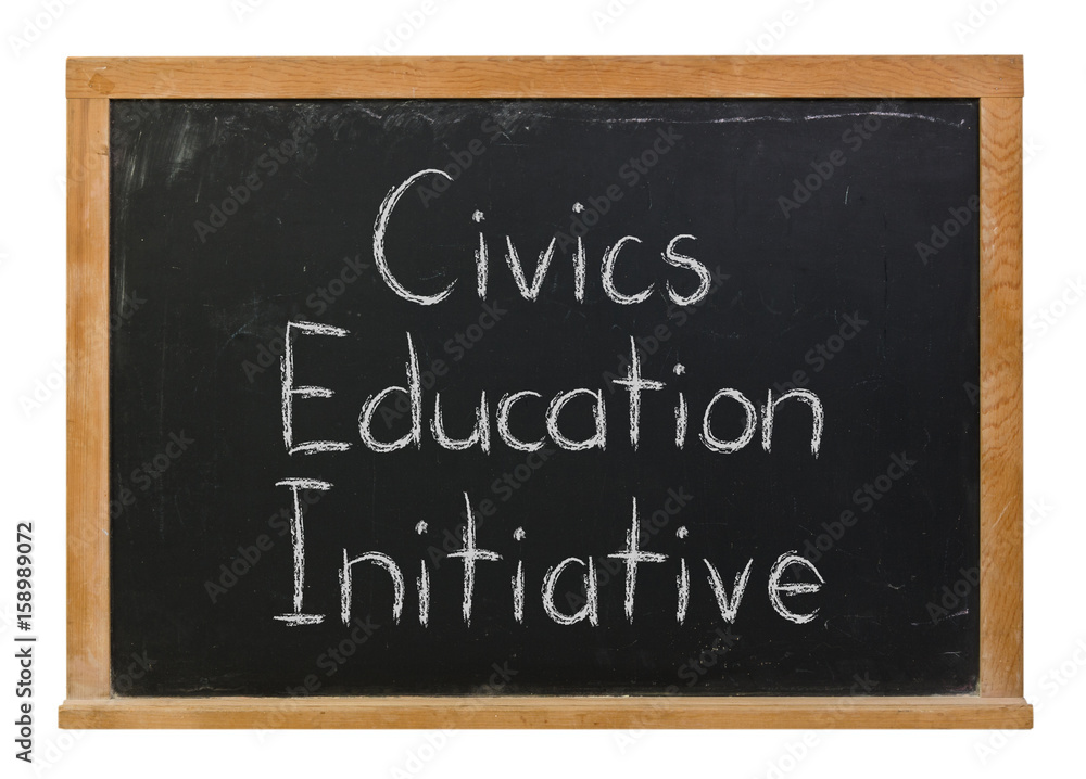 Civics Education Initiative written in white chalk on a black chalkboard isolated on white Civics Education Initiative written in white chalk on a black chalkboard isolated on white