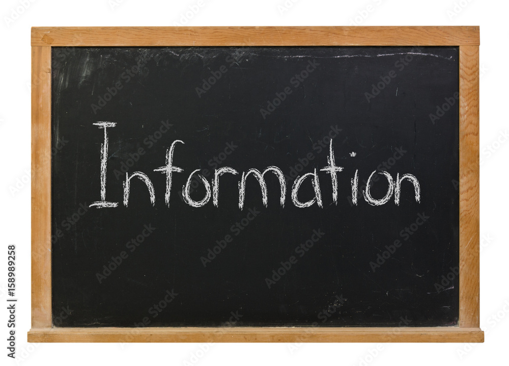 Information written in white chalk on a black chalkboard isolated on white Information written in white chalk on a black chalkboard isolated on white