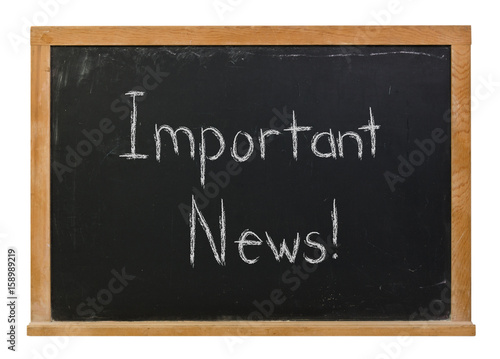 Important News written in white chalk on a black chalkboard isolated on white