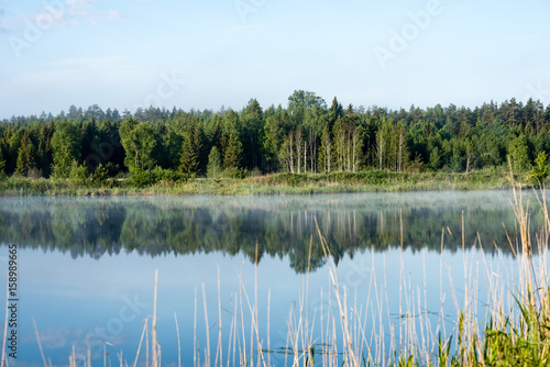 reflections in the lake water in the morning mist