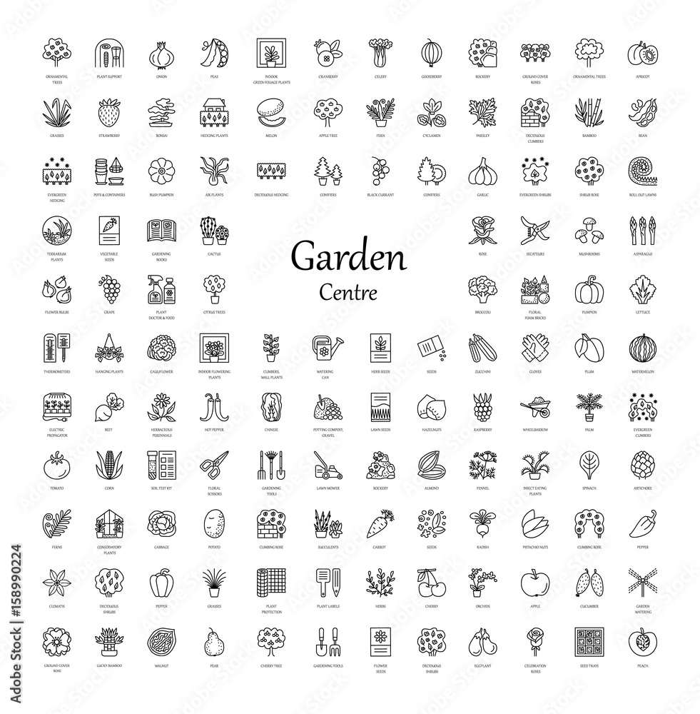 Fototapeta premium Garden centre elements. Vector line icon collection. Indoor and outdoor plants. Agriculture items.