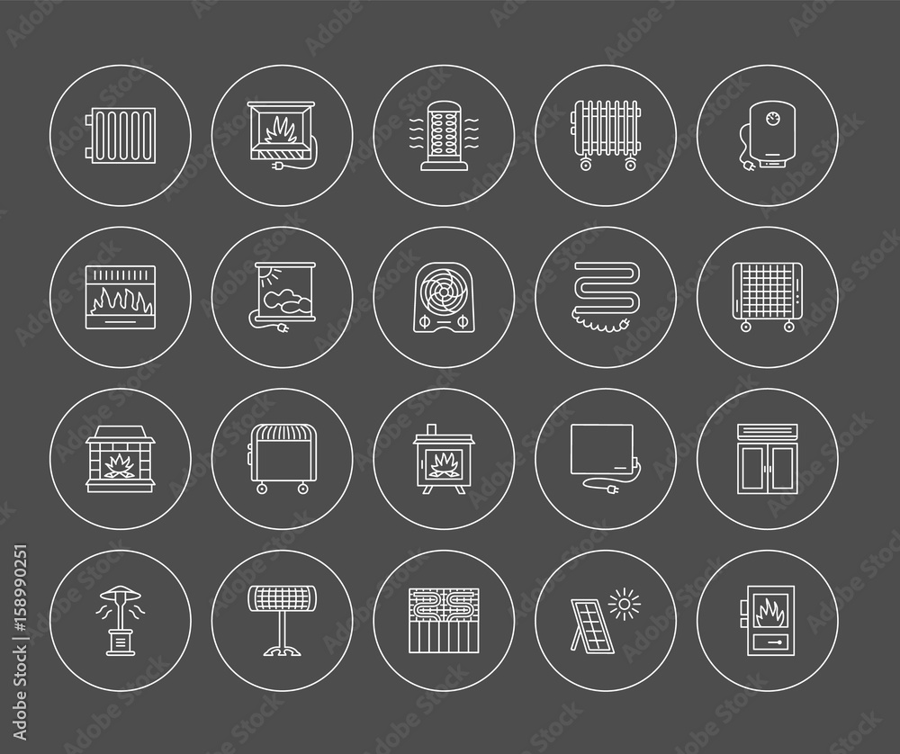 Vector line icons with radiator, convector and fireplace. Heating equipment for home and office. Different styles of gas, oil & electric heaters. Vector line icons with radiator, convector and fireplace. Heating equipment for home and office. Different styles of gas, oil & electric heaters.