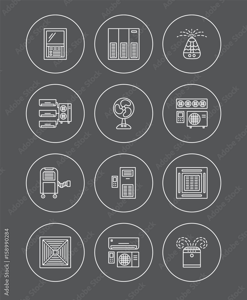 Ventilators & Air conditioners. Climate equipment for summer. Line icon set. Vector illustration. Ventilators & Air conditioners. Climate equipment for summer. Line icon set. Vector illustration.