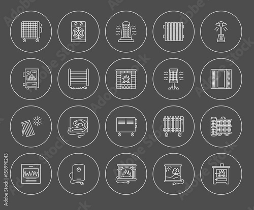 Vector line icons with radiator, convector and fireplace. Heating equipment for home and office. Different styles of gas, oil & electric heaters.