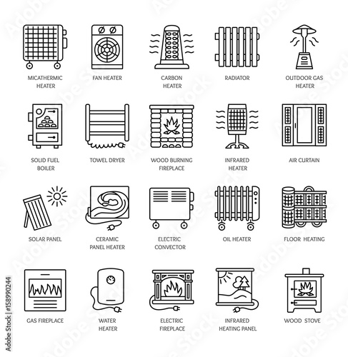 Vector line icons with radiator, convector and fireplace. Heating equipment for home and office. Different styles of gas, oil & electric heaters.