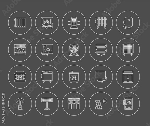 Vector line icons with radiator, convector and fireplace. Heating equipment for home and office. Different styles of gas, oil & electric heaters.