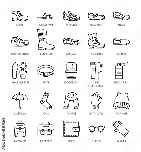 Men's shoes & accessories. Vector line icon collection. Shoe care products. Boots, sandals, slippers, running shoes.