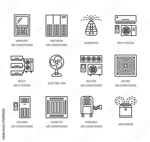 Ventilators & Air conditioners. Climate equipment for summer. Line icon set. Vector illustration.