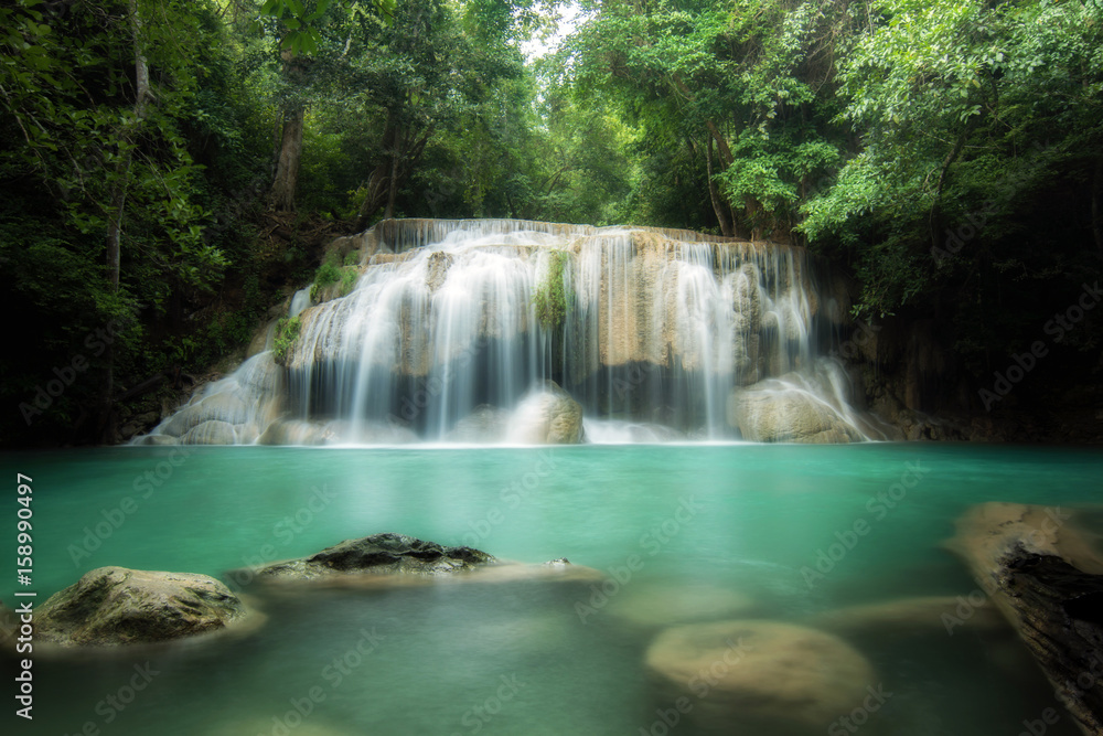 Erawan Waterfall is a beautiful waterfall in spring forest in Kanchanaburi province, Thailand. Erawan Waterfall is a beautiful waterfall in spring forest in Kanchanaburi province, Thailand.