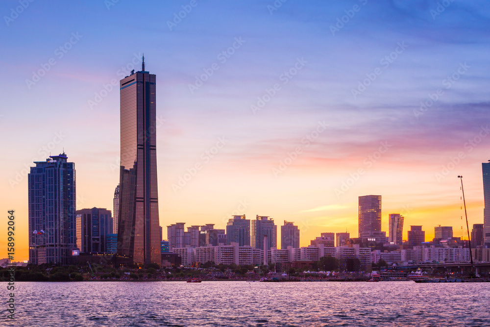 seoul city and skyscraper, yeouido in  twilight, south korea.