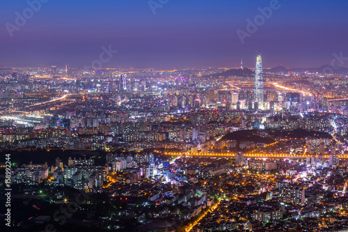 Seoul city and downtown skyline and skyscraper at night  The best view of South Korea with Lotte world mall at Namhansanseong Fortress.