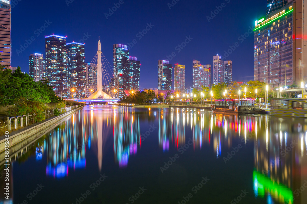 Songdo Central Park at night in Songdo District, Incheon South Korea ...