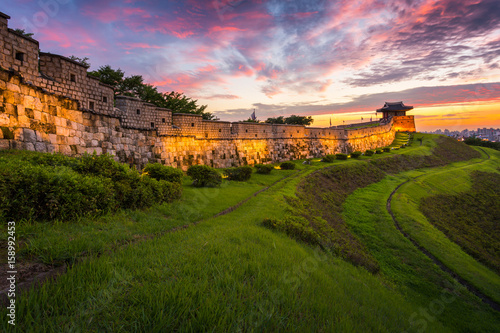 Traditional Architecture of Korea at Suwon, Hwaseong Fortress in Sunset, South Korea.