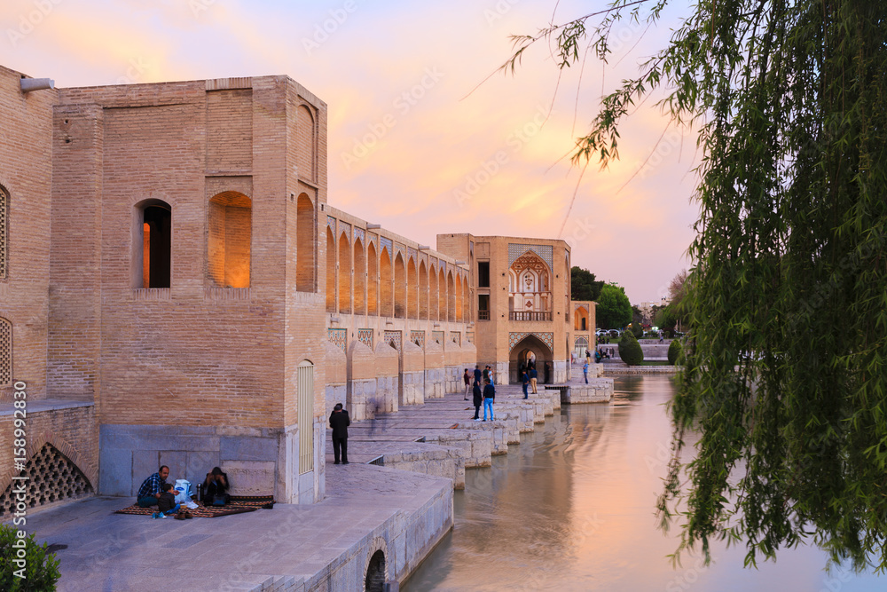 Fototapeta premium Pol-e Khaju 132 meter long over Zayande river , 1500 years ago, Esfahan, Iran