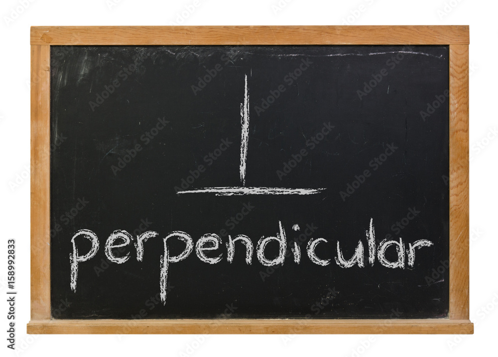 Fototapeta premium Perpendicular and angle drawing written in white chalk on a black chalkboard isolated on white