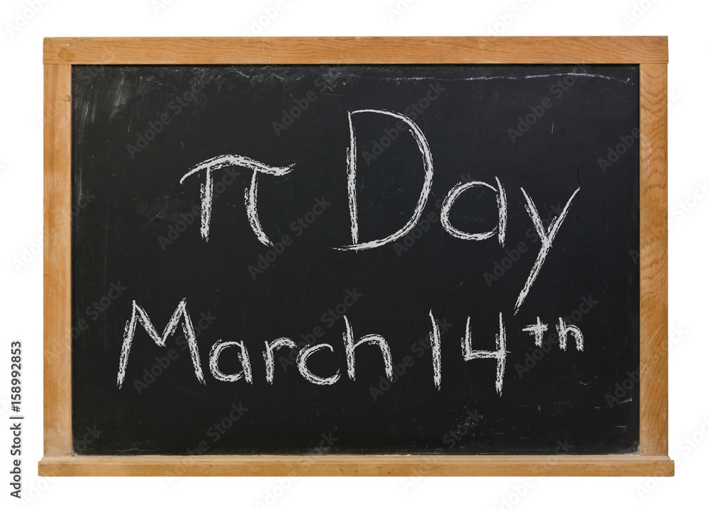 Pi Day written in white chalk on a black chalkboard isolated on white Pi Day written in white chalk on a black chalkboard isolated on white