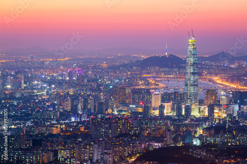 Photography Seoul city and downtown skyline and skyscraper at night, The best view of South Korea with Lotte world mall at Namhansanseong Fortress