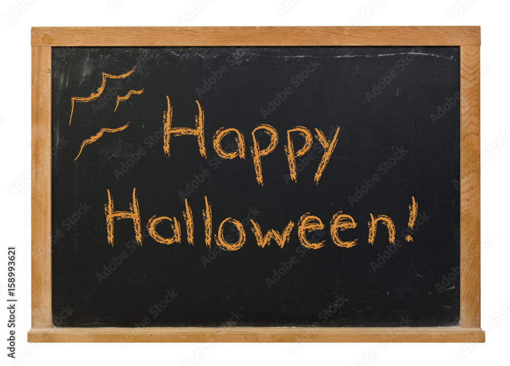 Fototapeta premium Happy Halloween with bats written in orange chalk on a black chalkboard isolated on white