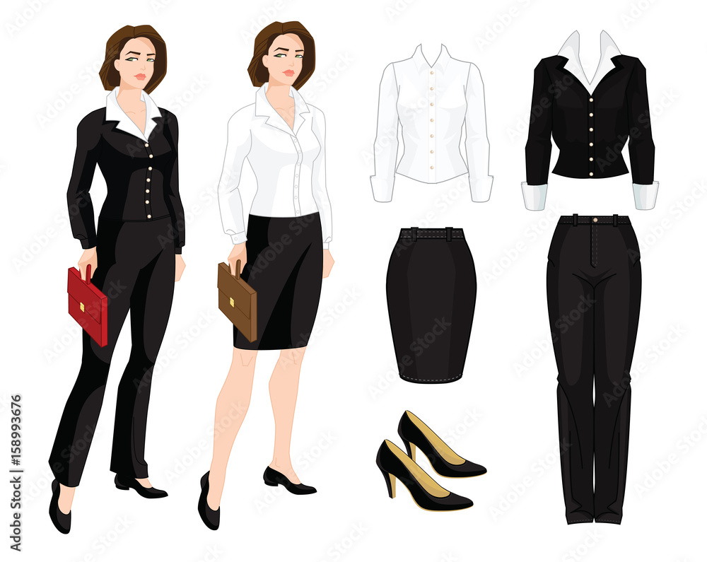 Vector illustration of corporate dress code. Business girl, teacher and  secretary in formal clothes. Base wardrobe. Stock Vector