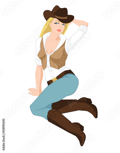 Vector illustration of blond cowgirl in blue jeans, vest, hat and boots on white background. Country style of clothes.