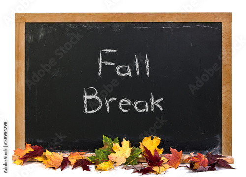 Fall Break written in white chalk on a black chalkboard decorated with autumn fall leaves isolated on white