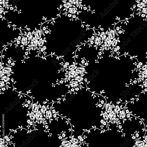 Tiny flowers seamless pattern, vector, black and white