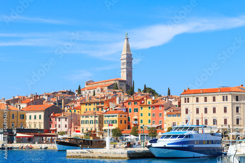 Beautiful medieval town of Rovinj, colorful with houses and church the harbor
