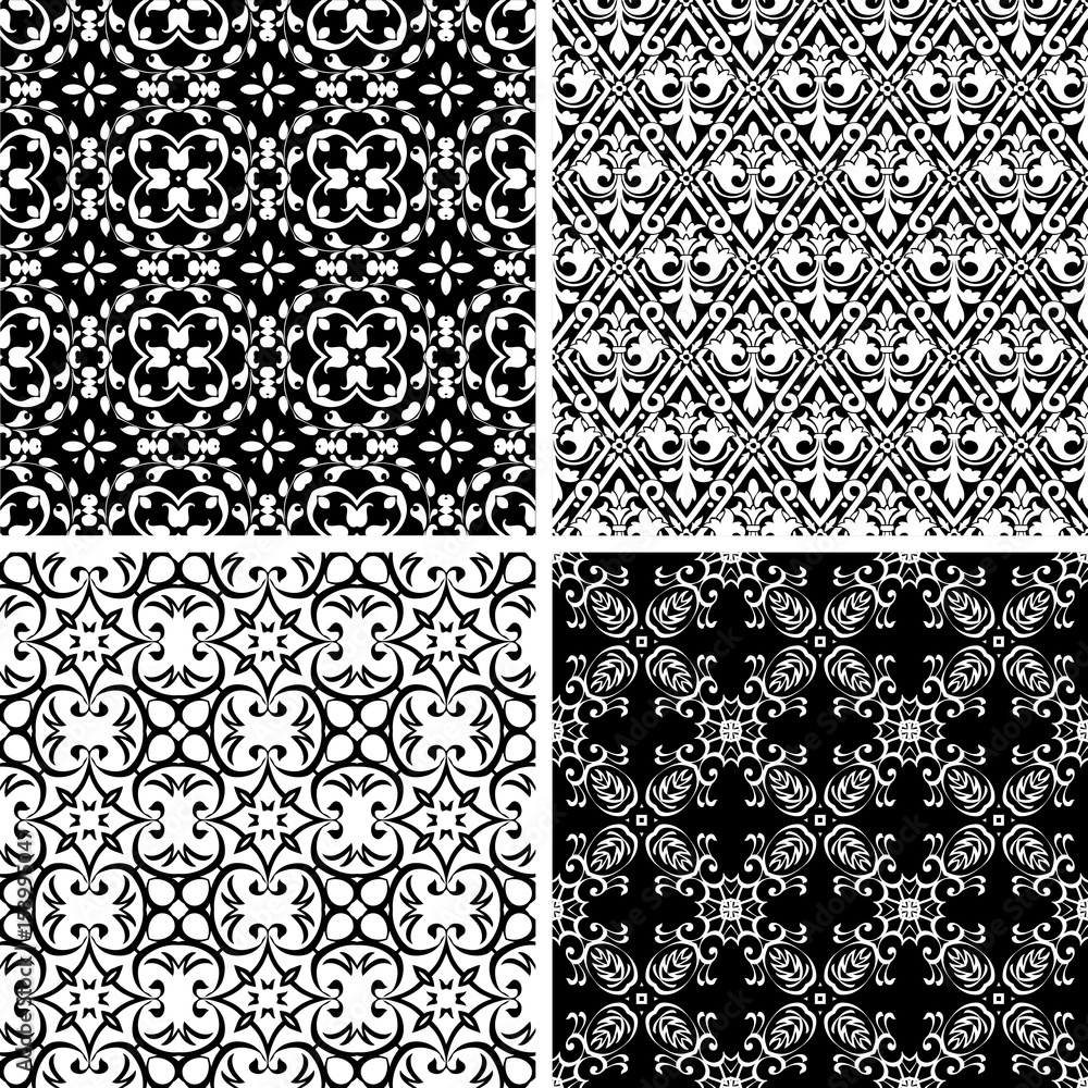 Four seamless black and white background patterns Four seamless black and white background patterns