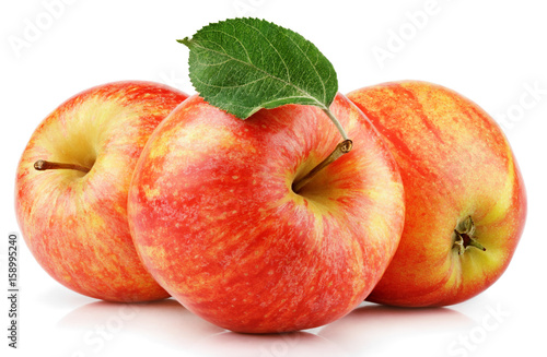 Group of ripe red yellow apples with green leaf isolated on white background