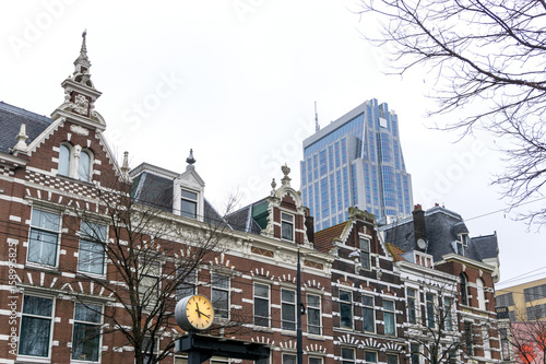 ROTTERDAM, Netherlands - February 7, 2017 : Street view of Rotterdam City Netherlands. back to 1270 when a dam was constructed in the Rotte river by people settled around it for safety.