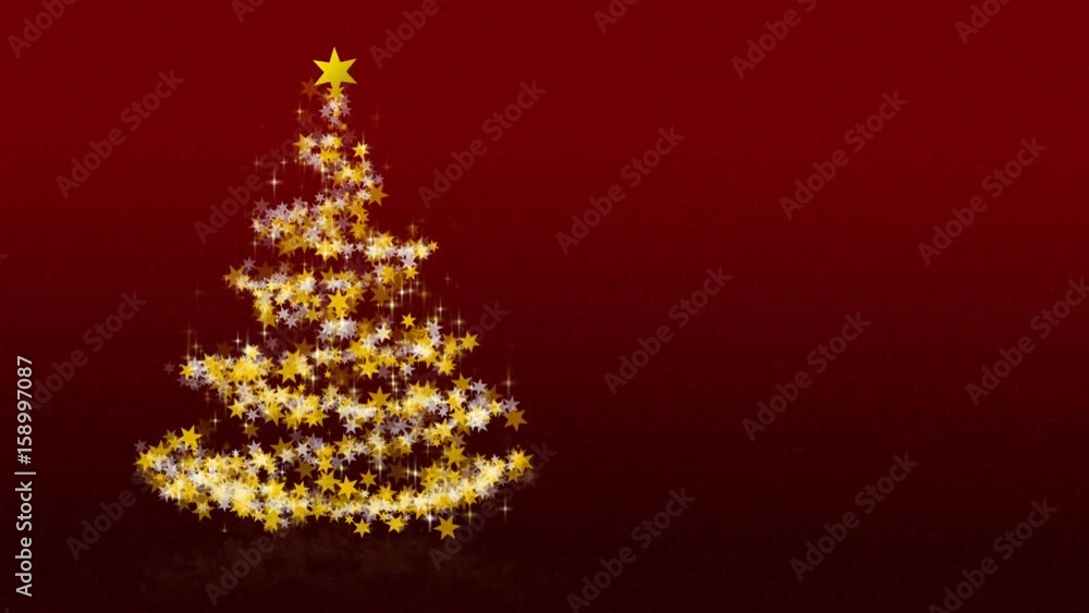 Christmas tree with glittering stars on red background with seasons greetings, french version; part of a multilingual series, approx. 25 sec. Christmas tree with glittering stars on red background with seasons greetings, french version; part of a multilingual series, approx. 25 sec.
