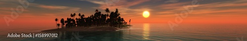 Beautiful island in the ocean, a panorama of a tropical sea sunset, 3d rendering