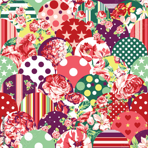 Abstract patchwork with flowers, roses, dots and stars vector seamless pattern background