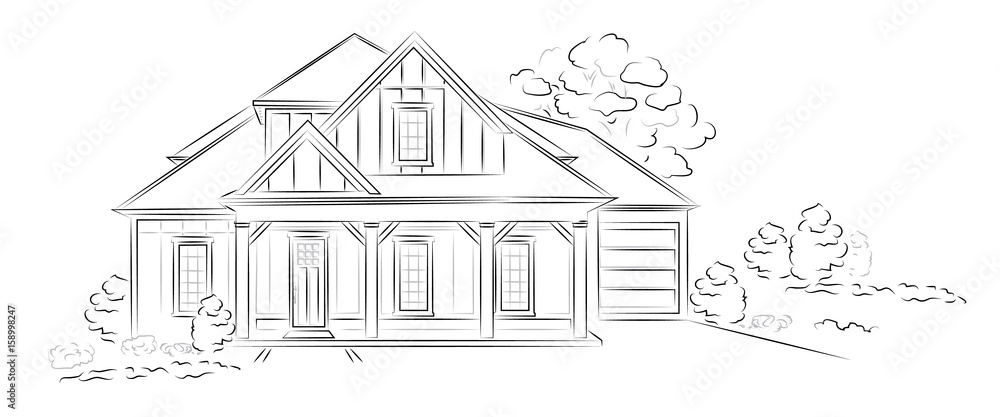 Vector Linear architectural sketch modern detached house