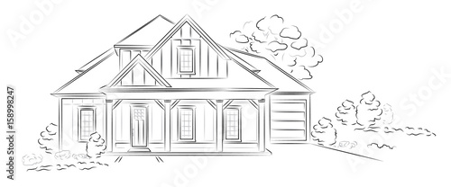 Vector Linear architectural sketch modern detached house