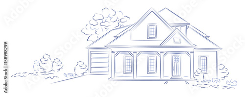 Vector Linear architectural sketch modern detached house