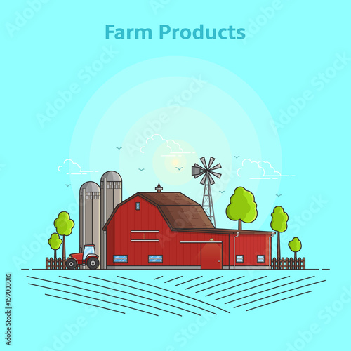 Rural landscape with farm. Color vector illustration in linear style with farm buildings.