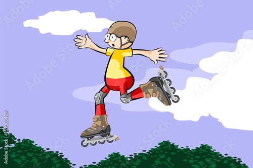 Cool Rollerblader boy is jumping high in air